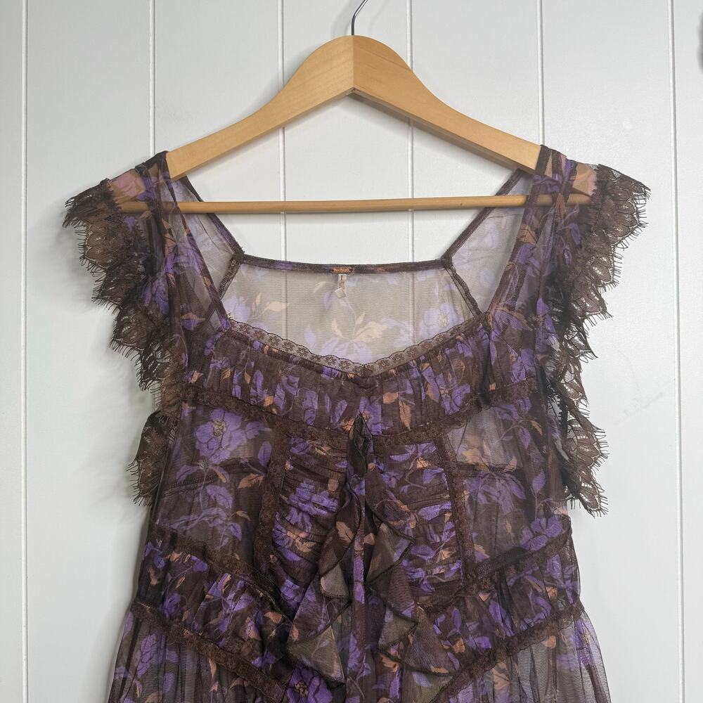 Free People tunic top floral lace sheer ruffled boho mesh top Large - Picture 5 of 8